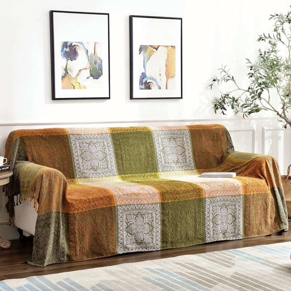 Bofree Boho Couch Cover - Hippie Chenille Jacquard Bohemian Chair Couch Sofa and Bed Furniture Cover with Colorful Tribal Pattern (Green, 87" x 102")