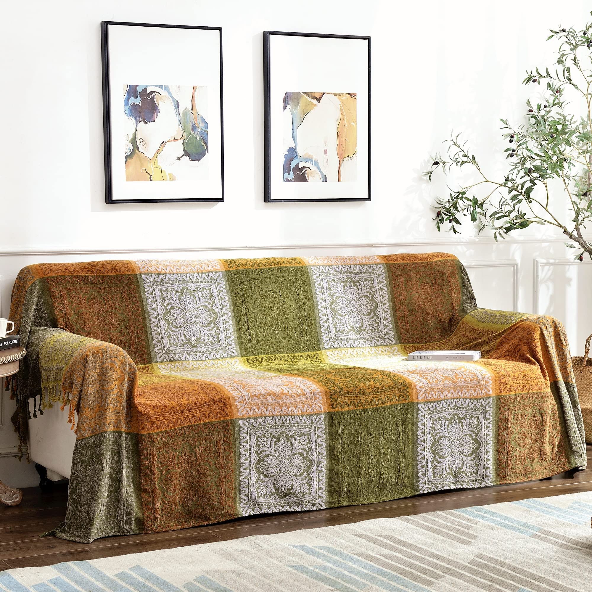 Bofree Boho Couch Cover - Hippie Chenille Jacquard Bohemian Chair Couch Sofa and Bed Furniture Cover with Colorful Tribal Pattern (Green, 87" x 102")