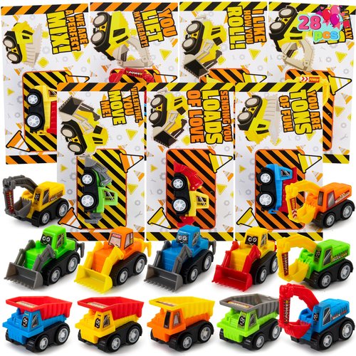 JOYIN 28 Valentine's Day Mini Construction Vehicle Greeting Cards for Kids Classroom Exchange Prizes, Construction Truck Toys Party Favor Gifts