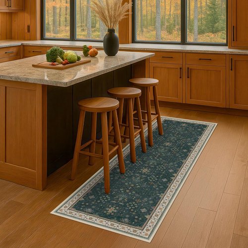 Dark Green Kitchen Rug - Modern Vintage Boho Floral Design | Washable Low Pile Non-Slip 2x5 Runner