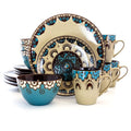 Elama Stoneware Dinnerware Collection, 16 Piece, Tan, Blue, Brown