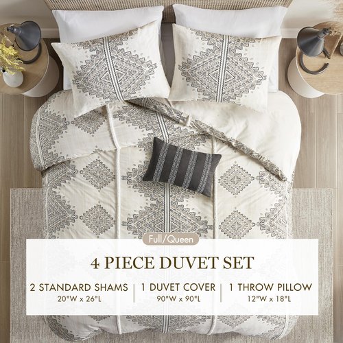 Madison Park Queen Duvet Cover Set, Boho Duvet Cover with Chenille Trims, All Seasons, Microfiber Bedding, Pillow & Shams, Ibiza, Black/Ivory 4 Piece