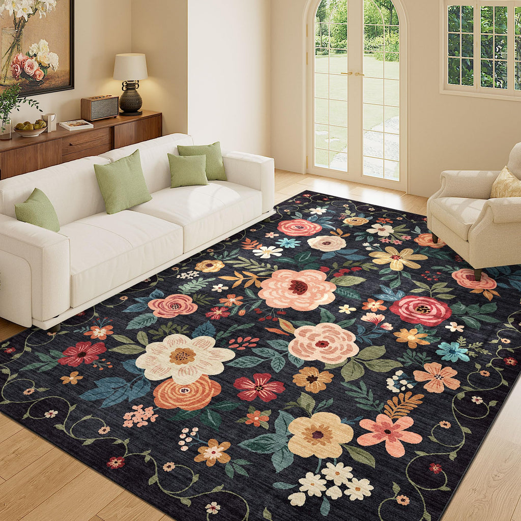 DUKINO 5x7 Area Rug, Floral Design, Lightweight Non Slip Washable, Indoor Low Pile & Non-Shedding Boho Rug for Bedroom, Living Room, Dining Room, Black