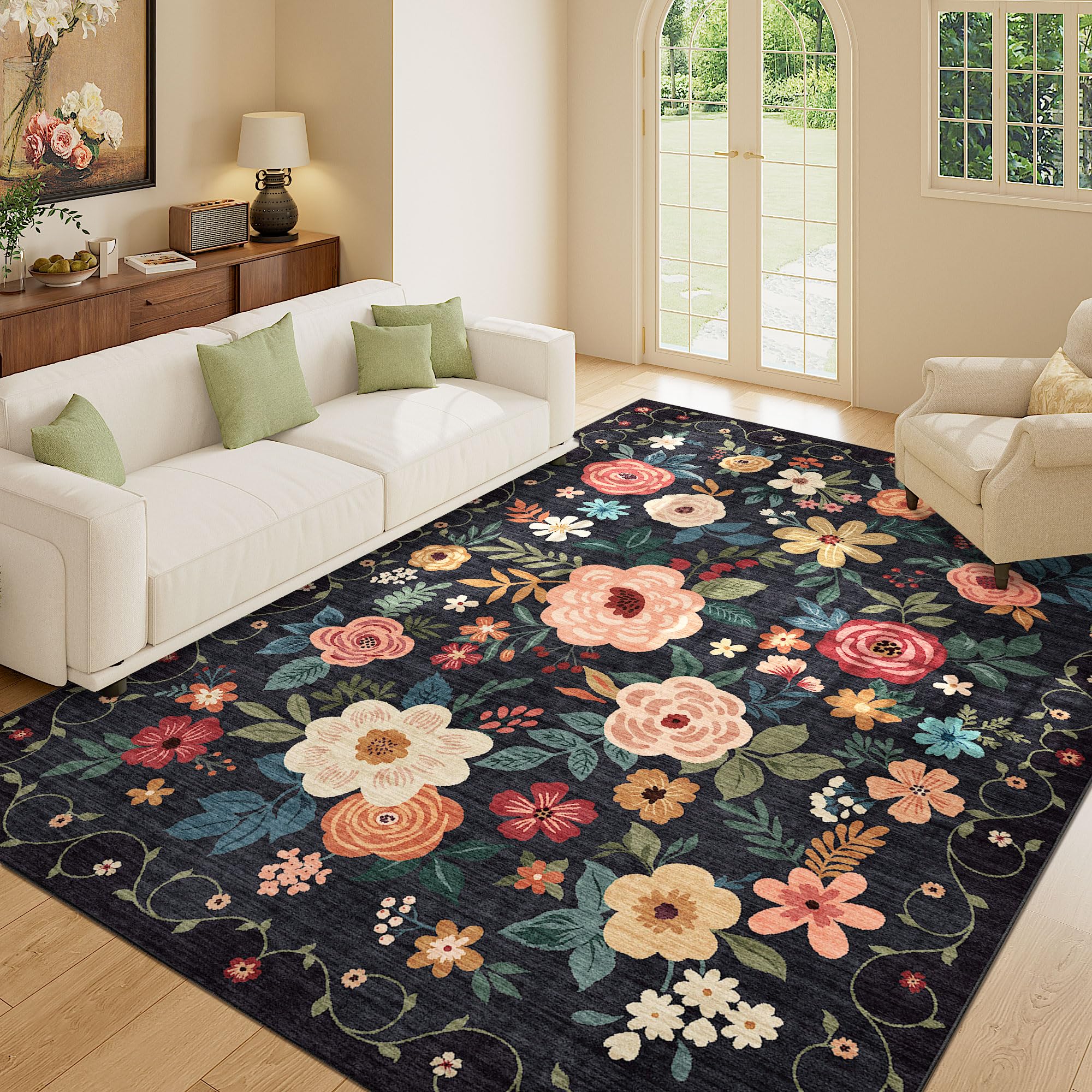 DUKINO 5x7 Area Rug, Floral Design, Lightweight Non Slip Washable, Indoor Low Pile & Non-Shedding Boho Rug for Bedroom, Living Room, Dining Room, Black