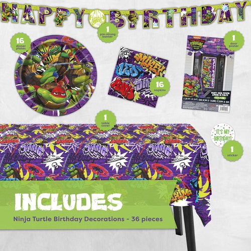 Teenage Mutant Ninja Turtle Birthday Decorations for Party | Serves 16 Guests | Banner, Tablecloth, Plates, Napkins, Door Poster Backdrop | Officially Licensed