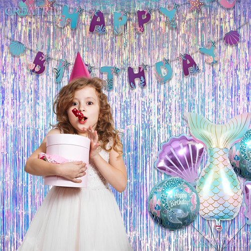 GREATRIL Iridescent Foil Fringe Curtains - 2 Pack with Pink Party Table Cloths - Perfect for Backdrop Decor