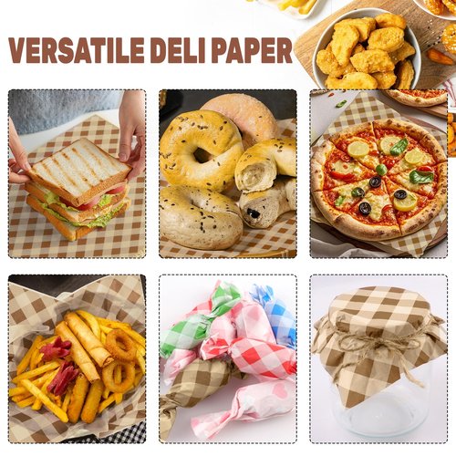 100 PCS Deli Paper Sheets, 12"x12" Wax Paper Sheets for Food, Checkered Sandwich Wrapping Grease Resistant, Food Basket Tray Liners Wrappers for Burger, Bread，Lunch, Party, Festival, Picnic, BBQ