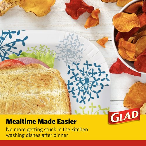 Glad Everyday Round Paper Plates, Blue Hydrangea Print Disposable Dessert Plates for Meals and Parties, Soak Proof and Cut Resistant, Microwave Safe Tabletop Plates, 7 Inch, 50 Count - 12 Pk
