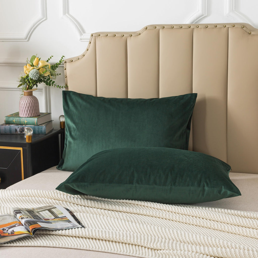 H HOUSEHOLD Set of 2 Velvet Queen Size Pillowcase, Soft and Cozy Luxury Fuzzy Flannel 20x30 Inches Pillow Cover with Zipper (Queen (20 x 30 Inch), Dark Green)
