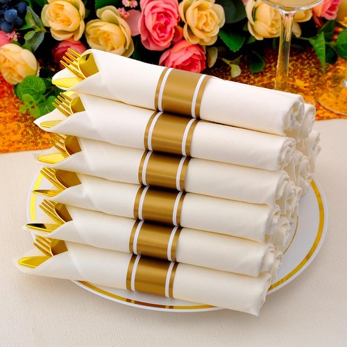 ISFANGCO 100 Pack Pre Rolled Gold Plastic Silverware Set with Napkins,Disposable Wrapped Heavy Duty Cutlery Set for Wedding Birthday Party-100 Forks,Knives,Spoons,Utensils Set,Plasticware Bulk