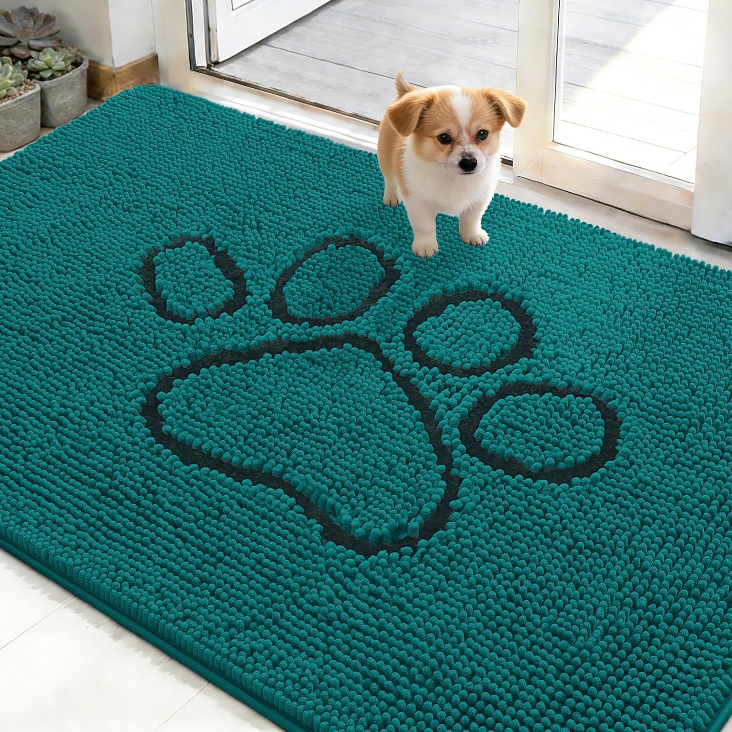 OLANLY Dog Door Mat - Absorbent Non-Slip Mud Mat for Paws | 48x30 Inches, Quick Dry Chenille, Lake Blue