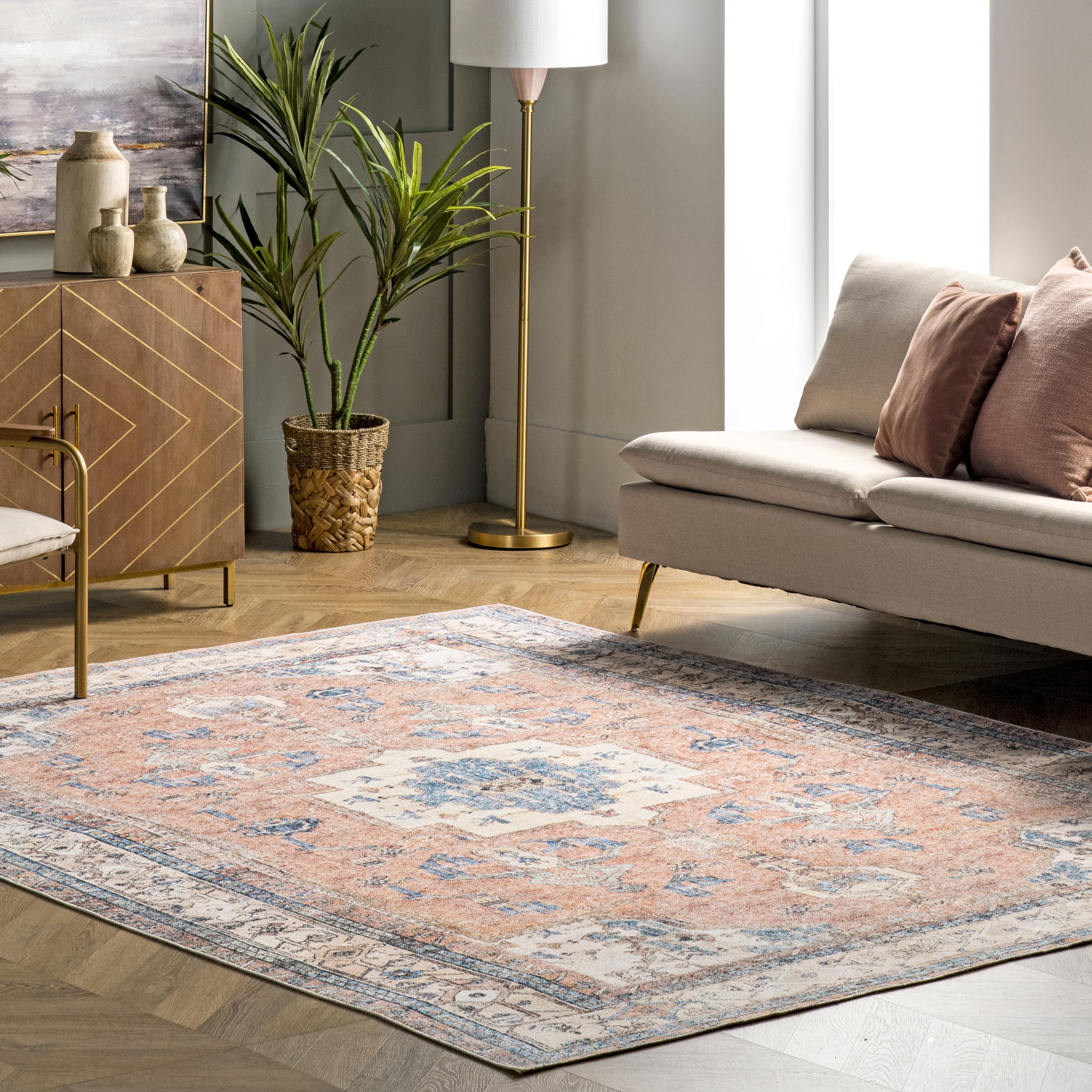 nuLOOM Eleanor Machine Washable Distressed Medallion Area Rug, 4' x 6', Multi Color, Rectangular, 0.15" Thick