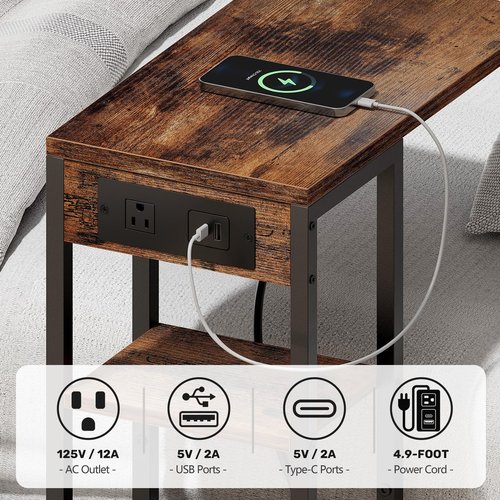 C Shaped End Table with Charging Station, Small Side Table for Couch Recliner, Slide Under Sofa Desk Snack Tables with Storage Bag & AC / USB Outlet, Small Spaces Drink Tables for Living Room, Bedroom