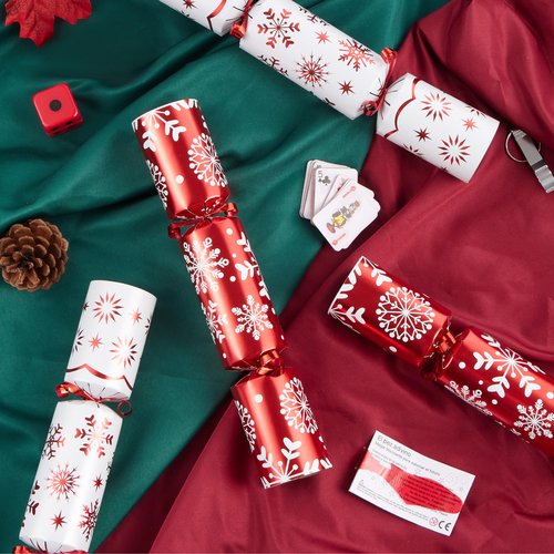 JOYIN 10 Pack Christmas No Snap Party Table Favor with Red & White Snowflake Design, with Party Hat, Joke & Little Gift Inside, for Xmas Gift, Christmas Seasonal Holiday Dinner Traditions