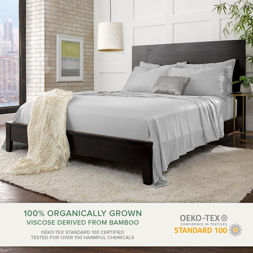 Pure Bamboo Queen Sheets - Luxuriously Soft & Cooling 100% Organic Viscose Bed Sheet Set | Silver Pearl, Double Stitching