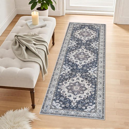 Hallway Runner Rug - Vintage Low Pile Blue Accent Carpet | Washable, Stain Resistant, Non-Slip (2x6)