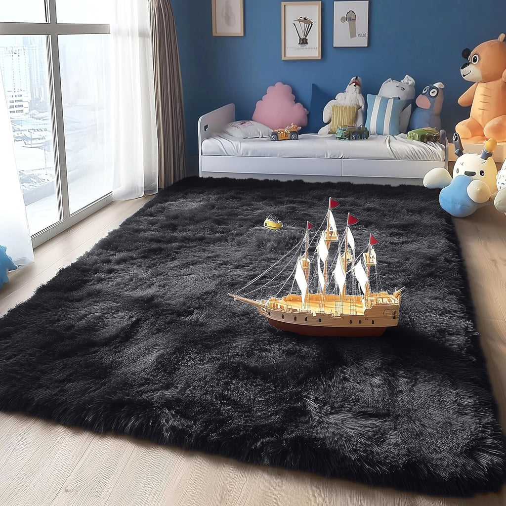 OLANLY Area Rugs - Soft Fluffy Shaggy Indoor Carpet for Living Room & Bedroom | 4x11 ft, Black