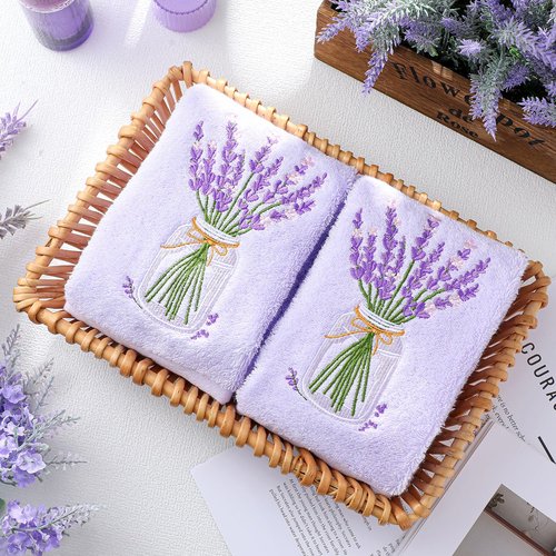 SmoothNovelty 2 Pcs Lavender Hand Towels Purple Bathroom Decor 14x29 Inch Embroidered 100% Cotton Soft Absorbent Spring Summer Decorative Hand Towels for Bathroom Kitchen