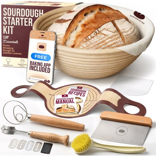 Superbaking Sourdough Starter Kit, 9" Round Banneton Bread Proofing Basket Set, Sourdough Bread Baking Supplies, Sourdough Tools with Silicone Bread Sling, Bread Making Tools, Baking Gifts