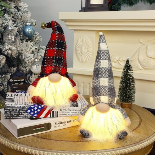 Juegoal Lighted Christmas Gnomes - 12 Inch Handmade Plush Scandinavian Tomte with Buffalo Plaid Hat | Battery Operated Holiday Decor
