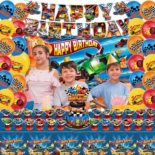 52Pcs Hot Car Birthday Party Decorations, Birthday Party Supplies for Hot Car Includes Banner, Backdrop, 24 Balloons, Cake Topper, 24 Cupcake Toppers, TableCloth