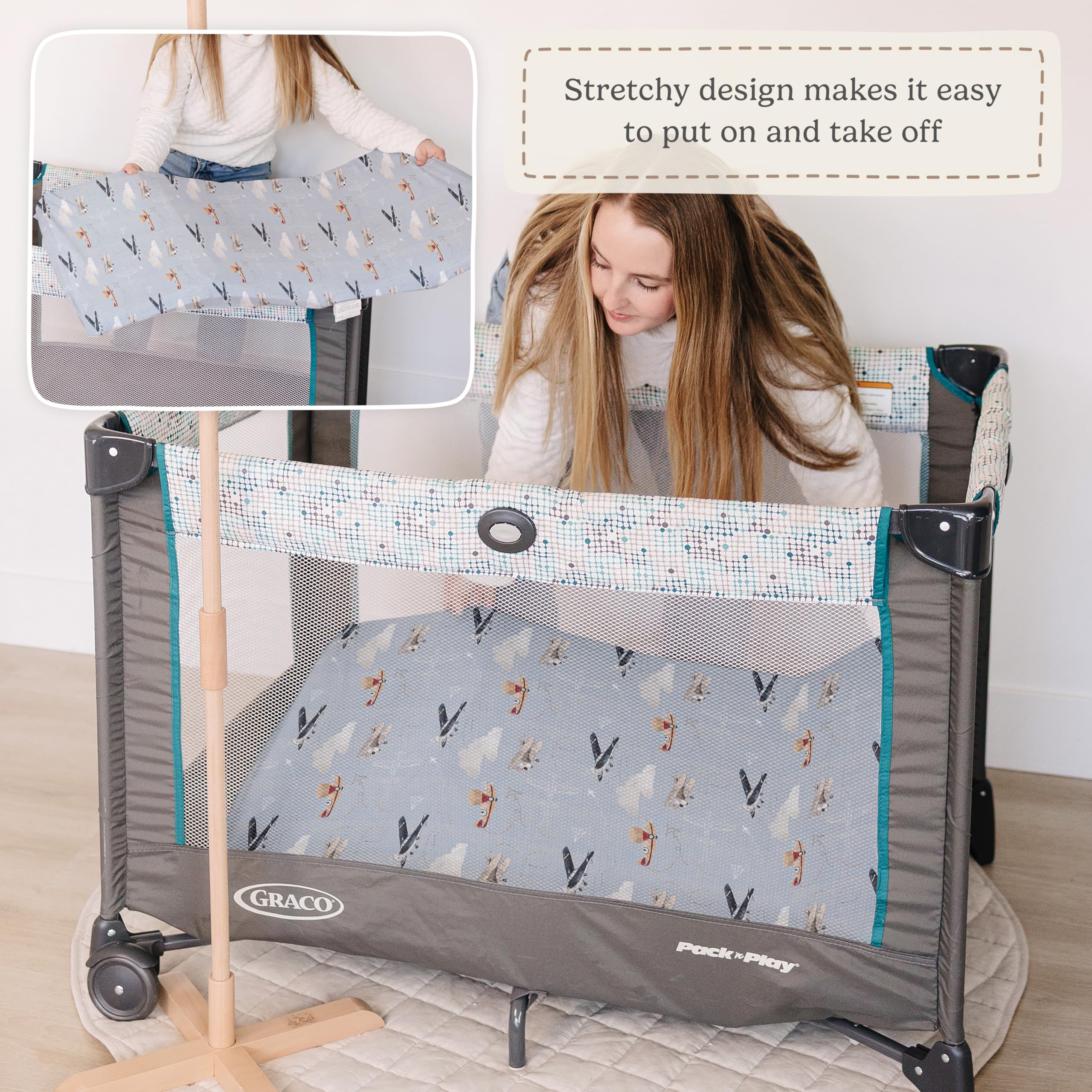 Pack and Play Sheets Fitted, Mini Crib Sheets for Graco Pack N Play Playard (38x26), Ultra Soft Cotton Blend, Safe & Snug Playpen Mattress Sheet for Baby Boys Girls, Airplane in The Clouds, 2-Pack