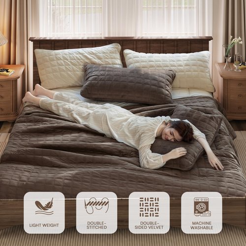 Fleeco Double-Sided Velvet Quilt King Size Comforter Set, 108"x 96" Lightweight Velvet Bedding Set, Ultra Soft Bedspread with 2 Matching Shams, for All Seasons, Brown