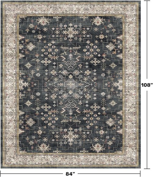 Hazo Haus Boho Area Rug - Washable 7x9 Black Dining Room Rug | Low Pile Non-Slip Design for Farmhouse Decor