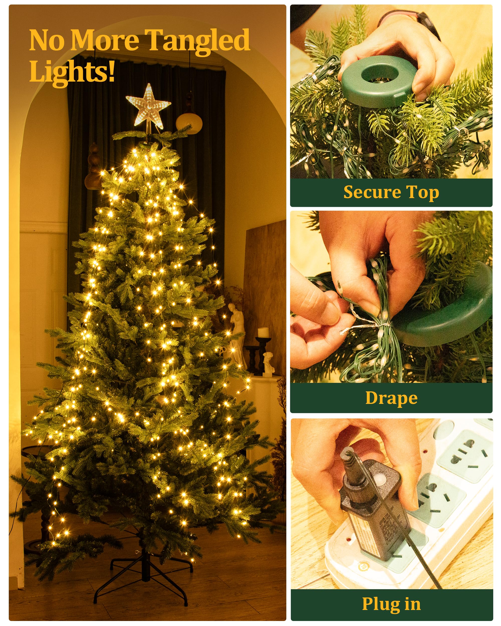 Tomanwai Christmas Tree Lights, 400 LED Christmas Lights with 8 Light Modes & Memory Function, 6.6FT x 16 Lines Outdoor Christmas Light with Timing Function for Christmas Decorations - Warm White