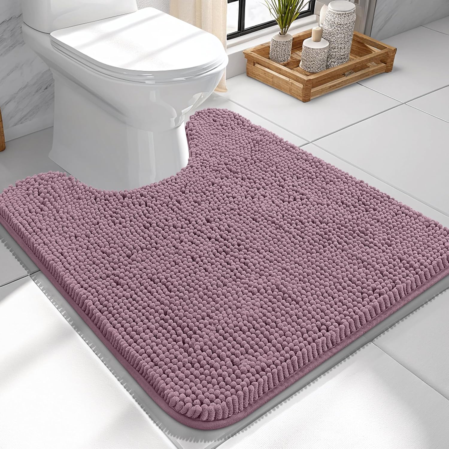 OLANLY U-Shaped Toilet Rugs - Extra Soft, Absorbent Chenille Bath Mat | 24x24, Deep Plum, Quick-Dry, Non-Slip