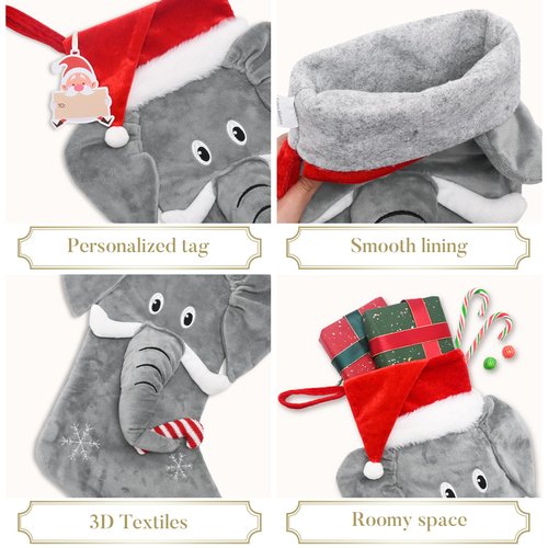 Valery Madelyn Christmas Stockings Decorations, 21 Inch Fabric Red Gray Elephant Cute Plush Personalized Fireplace Hanging Ornament for Holiday Xmas Party Decor