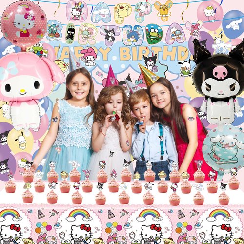 Cartoon Birthday Party Decorations, Include Latex Foil Balloons Backdrop Happy Birthday Banner Tablecloth Hanging Swirls Cupcake Cake Toppers Stickers Supplies