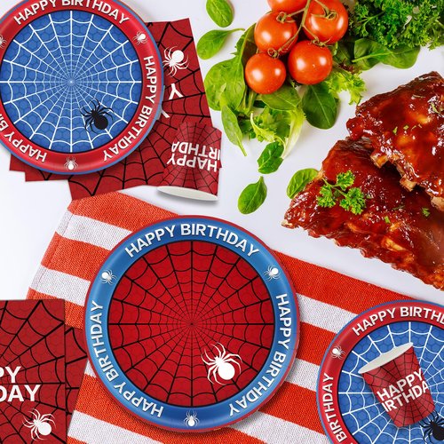 168Pcs Spider Birthday Decorations, Includes Plates Napkins Cups Knives Forks Spoons, Serve 24