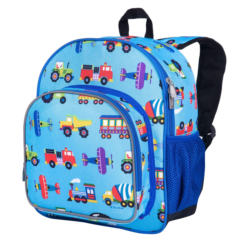 Wildkin 12-Inch Kids Backpack Bundle with 16 oz Reusable Water Bottle – Durable, Lightweight School & Travel Set - Trains, Planes & Trucks