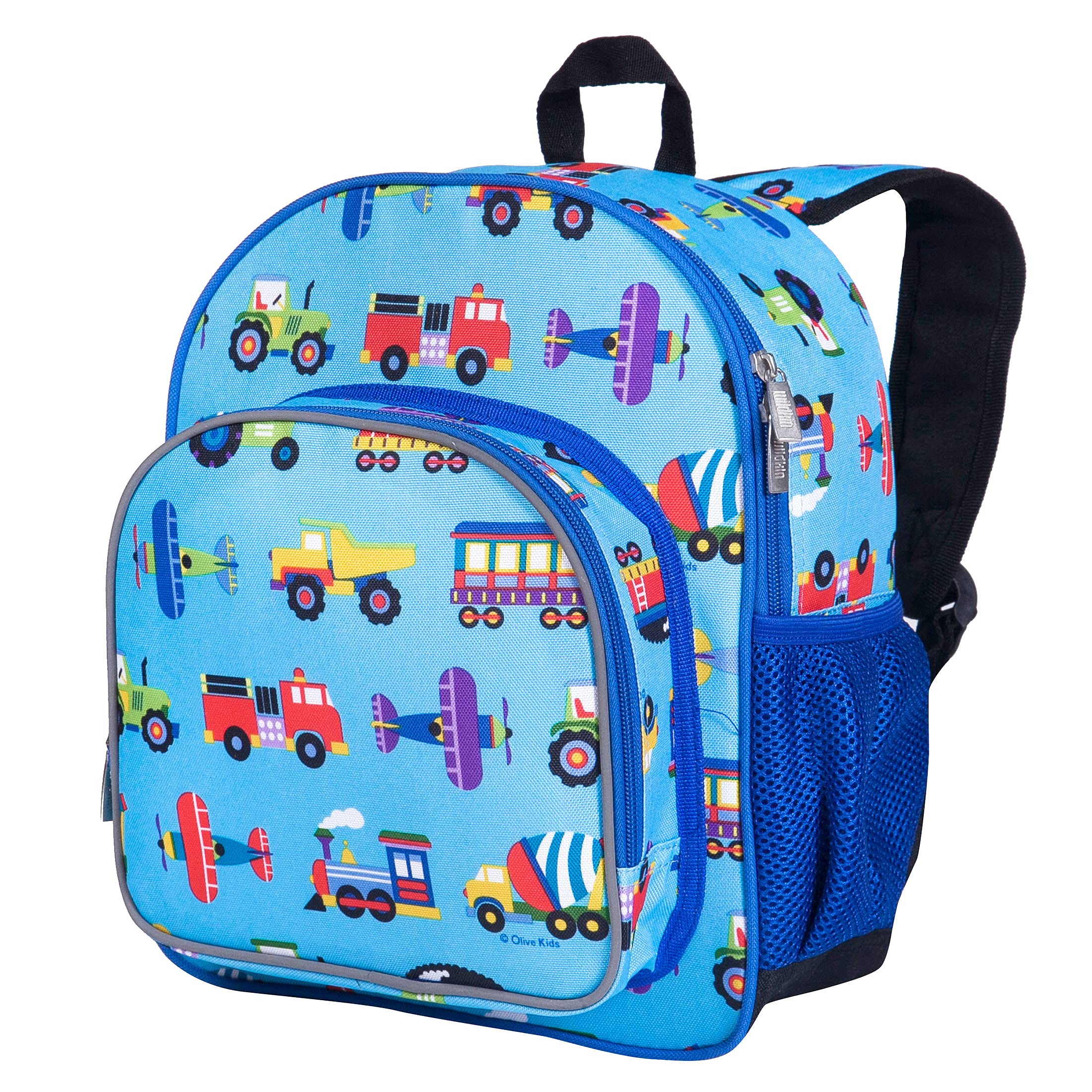Wildkin 12-Inch Kids Backpack Bundle with 16 oz Reusable Water Bottle – Durable, Lightweight School & Travel Set - Trains, Planes & Trucks