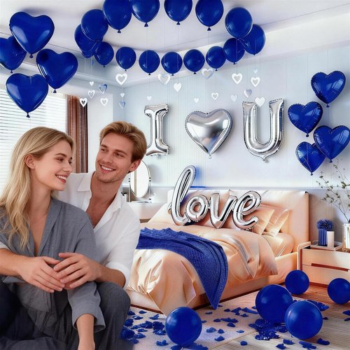 Happy Valentines Day Decorations Balloon Valentines Decorations, Happy Anniversary Decorations, I Love You Balloon for Him Silver Blue Heart Balloon, Blue Rose Petals Romantic Decoration Special Night