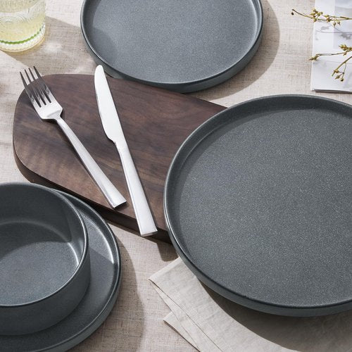 E-far Stoneware Dinnerware Sets for 4, 12-Piece Reactive Glaze Plates and Bowls Sets, Kitchen Ceramic Dishes Dinning Ware, Microwave & Dishwasher Safe, Deep Gray