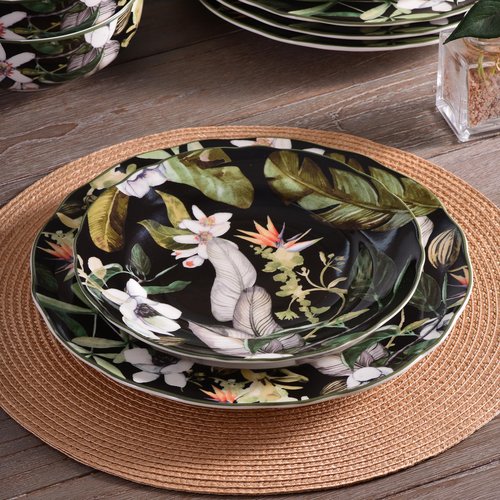 222 Fifth 12-Piece Porcelain Dinnerware Set for 4, Black & White Plates and Bowls Set with Tropical Floral Design, Glossy Ceramic Dish Set, Kitchen Tableware, Microwave & Dishwasher Safe, Borneo