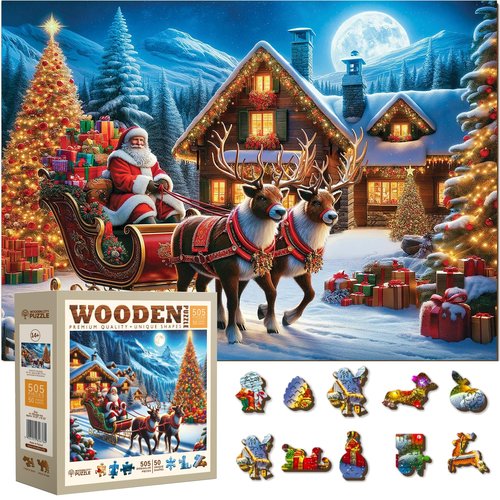 WOODEN.CITY 500-Piece Wooden Puzzle – Santa's Sleigh with 50 Christmas-Themed Shaped Pieces, 15.5 x 10.5 in – Designed and Made in the EU