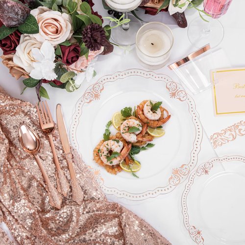 Ciaell 175 PCS Rose and Gold Plastic Plates - Fancy Rose Gold Disposable Dinnerware Set with of 50 Plates, 25 Knives, 25 Forks, 25 Spoons, 25 Cups, 25 Napkins for Wedding & Party & Easter