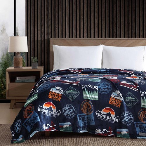 Eddie Bauer - Queen Size Blanket, Ultra-Soft Plush Bedding for Year Round Comfort, Throw Blanket for Couch or Bed (EB Stamps Blue)