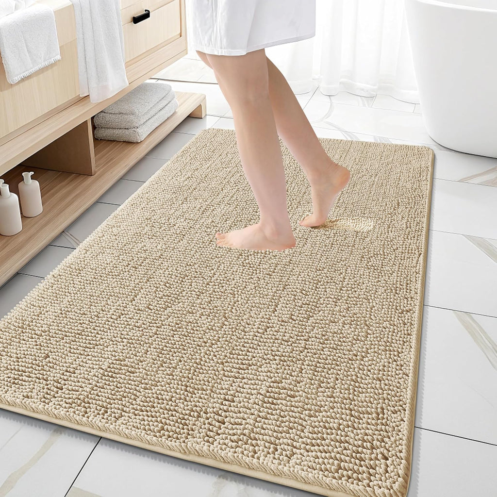 OLANLY Large Bathroom Rugs - Extra Soft Chenille Bath Mats | Quick-Dry, Machine Washable, 59x35, Beige