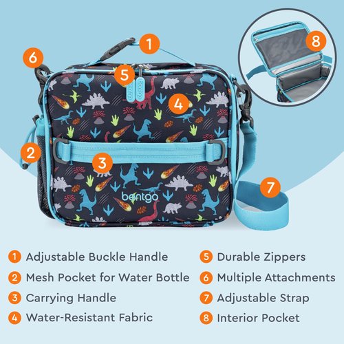 Bentgo Kids Lunch Bag - Durable, Double-Insulated Lunch Bag for Kids 3+; Holds Lunch Box, Water Bottle, & Snacks; Easy-Clean Water-Resistant Fabric & Multiple Zippered Pockets (Dinosaur)