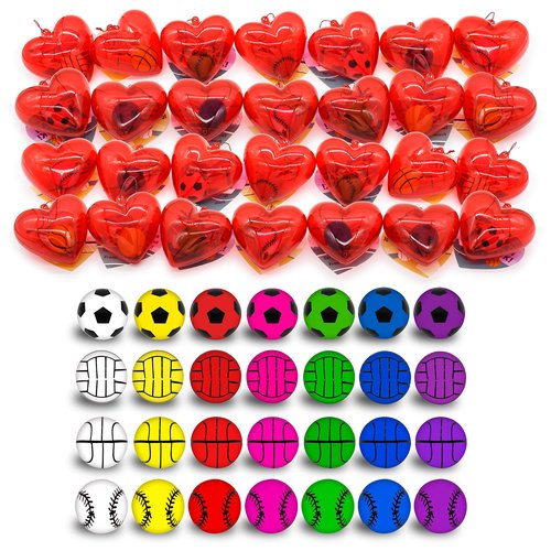 JOYIN 28 Packs Kids Valentine Day Sports Bouncy Ball with Prefilled Hearts and Valentine Cards for Kids Valentine Classroom Exchange, Kids Bouncy Balls for Class Exchange Game Prize