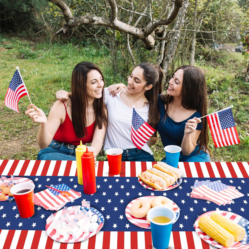 USA Flag Premium Plastic Tablecloth - 5 Pack | 108 x 54 in. Disposable Rectangle for July 4th Parties