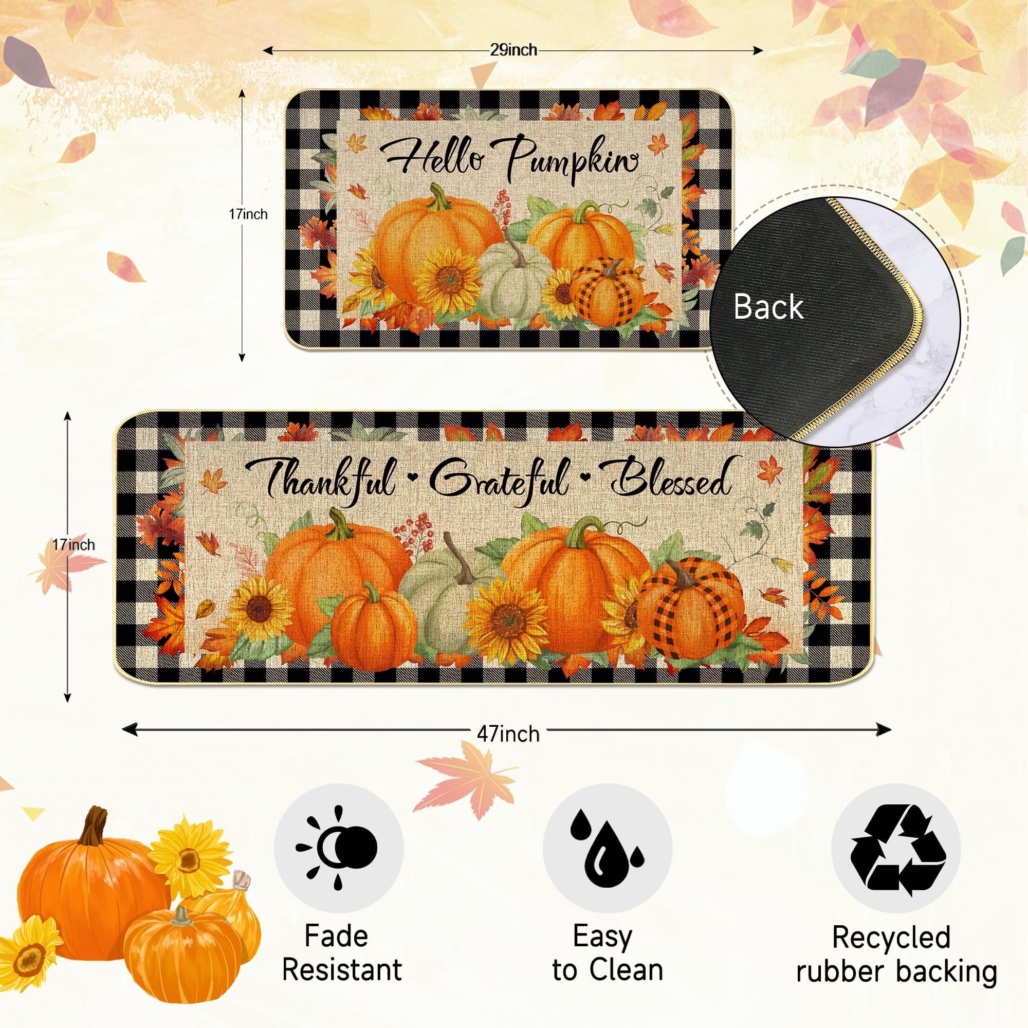 2 Pieces Hello Pumpkin Kitchen Mat Autumn Kitchen Rugs Thanksgiving Decorative Door Mats, Home Seasonal Fall Holiday Party Autumn Maple Leaves Harvest Thankful Grateful Blessed Low-Profile Floor Mat