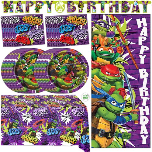 Teenage Mutant Ninja Turtle Birthday Decorations for Party | Serves 16 Guests | Banner, Tablecloth, Plates, Napkins, Door Poster Backdrop | Officially Licensed