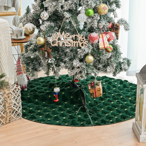 AVOIN colorlife Soft Plush Faux Fur Christmas Tree Skirt 36 Inch, Jacquard Green Xmas Star Pine Trees Winter Holiday Mat Decoration