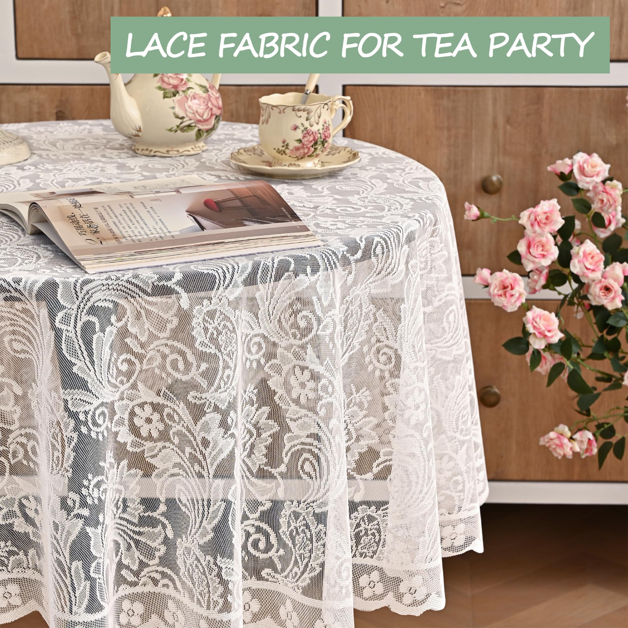 Jayla White Lace Round Tablecloth 60 Inches Phoenix Tail Flower Embroidered Wedding Table Cloths for Summer Outdoor Party Reception, Dinner Party, Baby Shower, Decorations, Home Decor
