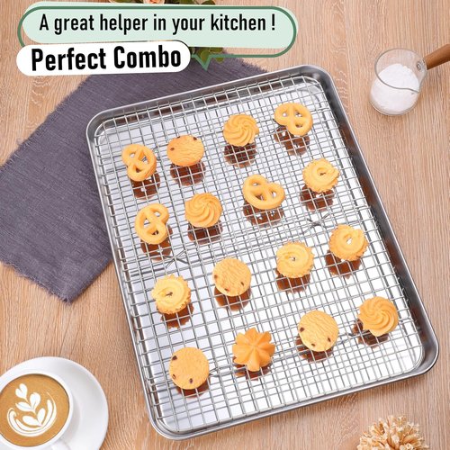 Homikit Baking Sheet Set - 16" x 12" Stainless Steel Cookie Pan with Cooling Rack | Nonstick & Dishwasher Safe